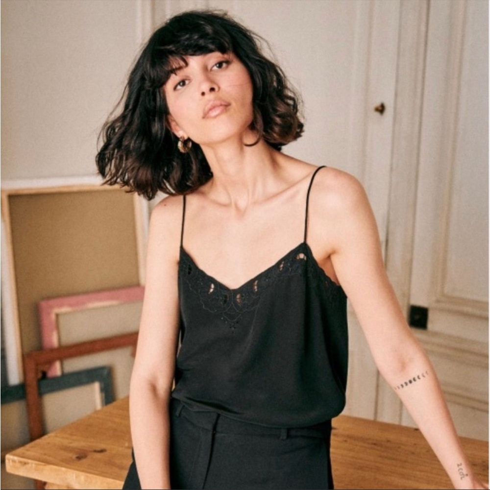 NWT Sezane silk Paloma top with embroidery details